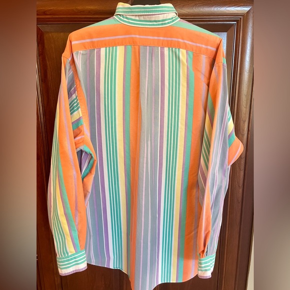 Vintage 80s Ralph Lauren Pastel Rainbow Stripe Cotton Long Sleeve Dress Shirt XL - Picture 2 of 16